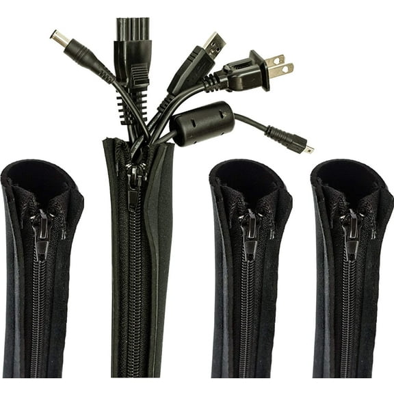 LAMIRO Cable Management Sleeve, 4 Pack, 20 Inch Cord Organizer System With Zipper For TV Computer Office Home Entertainment, Flexible Cable Sleeve Wrap Cover Wire Hider System - Black