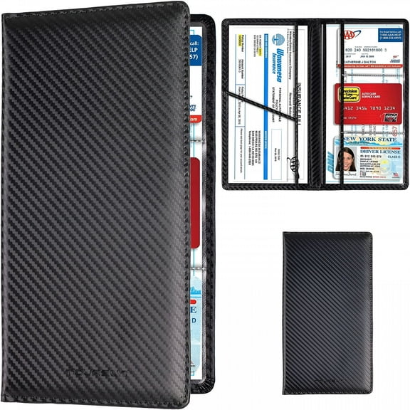 LAMIRO Car Registration and Insurance Card Holder, PU Leather Glove Box Organizer, Vehicle Document Folder with Carbon Fiber