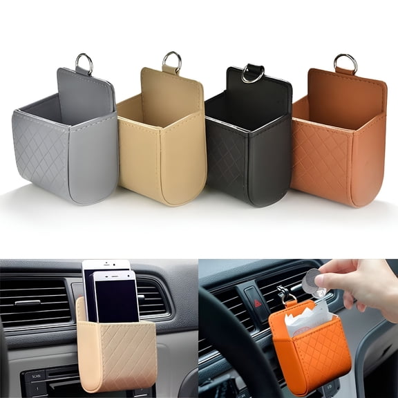 LAMIRO Car Seat Back Interior Air Vent Cell Phone Holder Pouch Bag Box Tidy Storage Coin Bag Case Organizer with Hook, Black