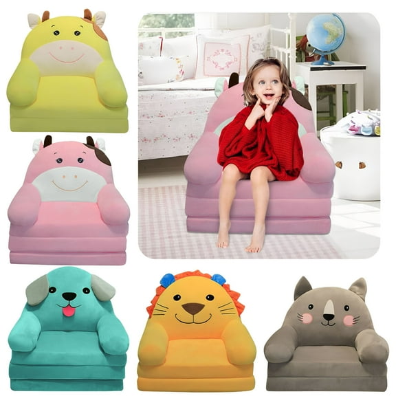 LAMIRO Cartoon Plush Kids Sofa 2 in 1 Foldable Armchair,Pink