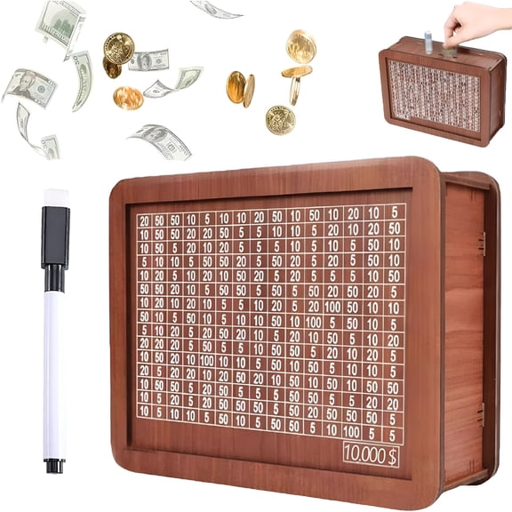 LAMIRO Cash Box,10,000 Savings Challenge Box,Wooden Savings Box (10k)