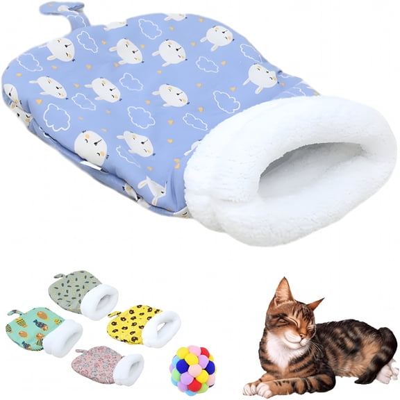 LAMIRO Cat Sleeping Bag for Indoor Cats, Cat Winter Sleeping Bag, Winter Cat Sleeping Bag, 360 Warm Semienclosed Soft Plush Large Cat Sack Cat Bed with Cave for Cats 6-8kg (Blue-M)
