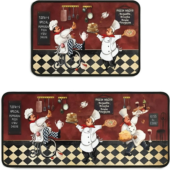 LAMIRO Chef Kitchen Rugs and Mats Sets of 2,Non-Slip Washable Kitchen Mats,Vintage Fat Chef Red Kitchen Decor Rug for Front of Kitchen Sink,17x30+17x47"