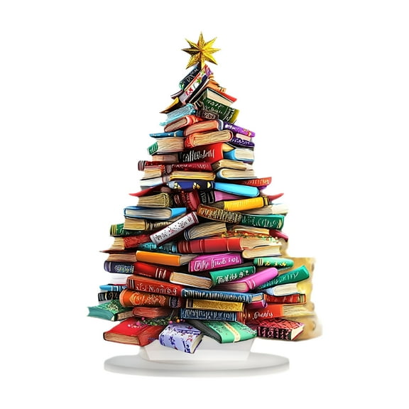 LAMIRO Christmas Book Tree Desktop Decor-Handmade Stacked Book Holiday Centerpiece with Red Bow&Glitter Ornaments,Festive Book Lover Gift,Office&Home Decor Unique Christmas Decoration,9.8In