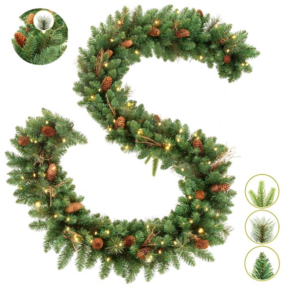 LAMIRO Christmas Garland with Lights 9 Ft Prelit Artificial Garland Featuring Pine Cones Red Berry Clusters Bright Led Lights Great for Xmas Front Porch Door Fireplace Indoor Christmas Decoration