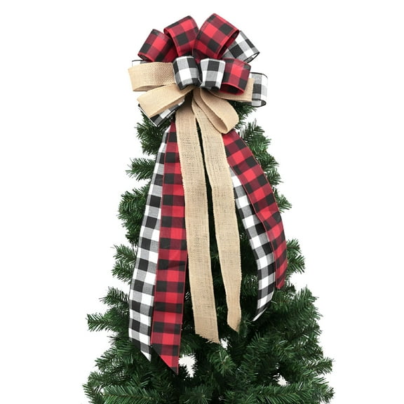 LAMIRO Christmas Tree Topper-Buffalo Plaid Red Black Burlap Decorative Bow-Rustic Farmhouse Xmas Decorations Home Decor-Handmade