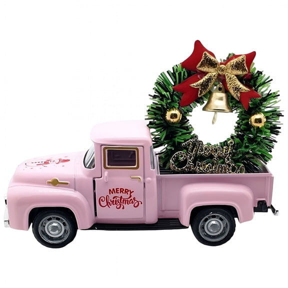 LAMIRO Christmas Truck Ornaments,Metal Vintage Truck Ornaments with Wreath Pink Truck Decorative Decorations for Bedroom Shelf