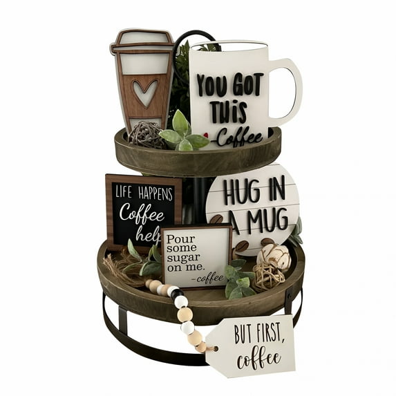 LAMIRO Coffee Bar Decor Sign Farmhouse Coffee Bar Wood Signs Rustic Coffee Wooden Table Centerpiece Coffee Tiered Tray Decor Table Signs for Home Kitchen Coffee Station Decorations