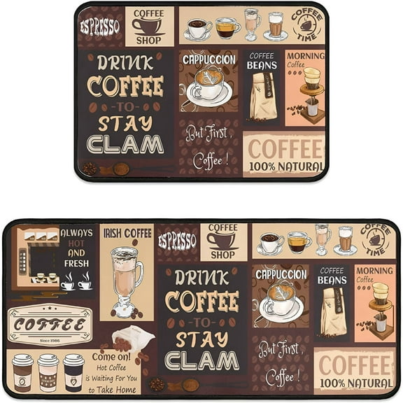 LAMIRO Coffee Kitchen Rugs and Mats Non-Slip,Washable,Stain and Fade Resistant,Suitable for Anti Fatigue Kitchen Mat Set of 2 Coffee Kitchen Decor 17 x47+17"x30"