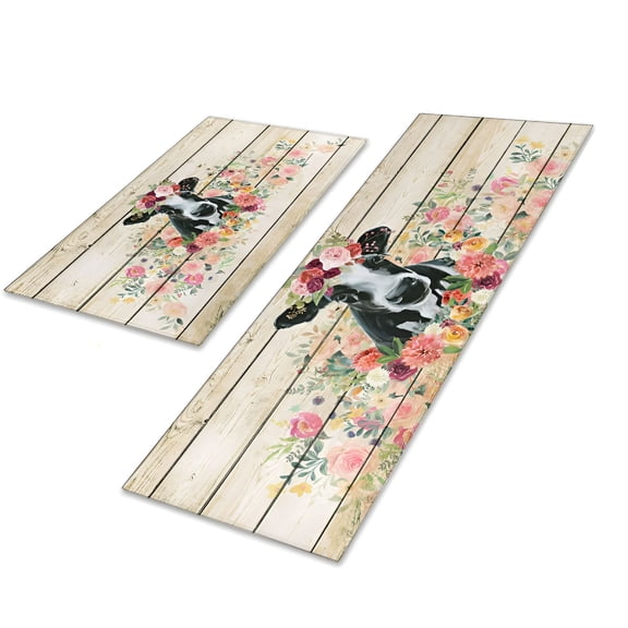 LAMIRO Cow Print Rugs for Kitchen Floor,Farmhouse Kitchen Mats Cushioned Anti Fatigue 2 Piece Set,Memory Foam Kitchen Mat Set of 2 and Kitchen Runner Rug Washable for Home Kitchen Decor 17