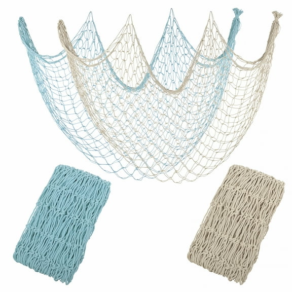 LAMIRO Decorative Fishing Net Beige & Blue 80X40 Inch, 2 Pack Large Picture Fish Net, Wall Photo Hanging Fishnet for Nautical Mermaid Pirate Ocean Themed Hawaii Beach Under the Sea Party