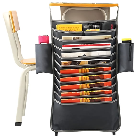LAMIRO Desk Side Book Hanging Bag Heavy Duty 14 Pockets Desk Mount Hanging Book File Organizer - with Water Bottle and Pen Holder