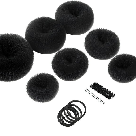 LAMIRO Donut Hair Bun Maker 7 Pieces, Ring Style Bun Maker Set with Hair Bun Makers (1 extra-large, 2 large, 2 medium and 2 small), 5 pieces Hair Elastic Bands, 20 pieces Hair Pins, Dark Brown