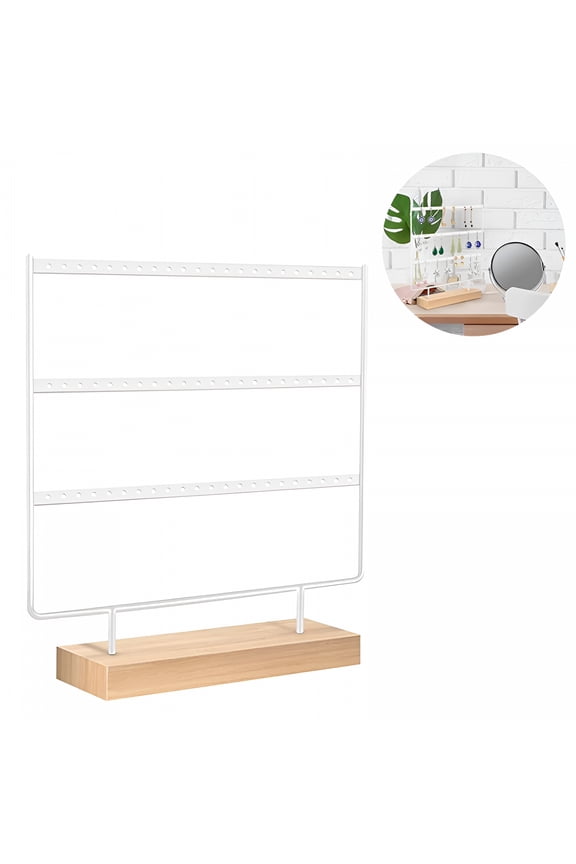 Earring Holder for Hanging Earrings Earring Stand Tree Display Stand Ear Stud Holder Jewelry Tower with Wooden Tray Dish 3 Tier, White