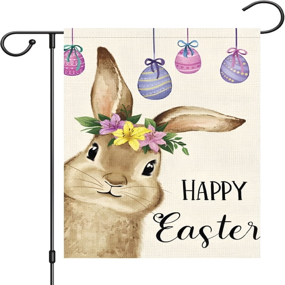 LAMIRO Easter Bunny Garden Flag 12.5x18 Double Sided Burlap,Small Vertical Easter Egg Rabbit Garden Yard Flags He is Risen for Religion Easter Spring Outdoor Outside Decoration (ONLY FLAG)