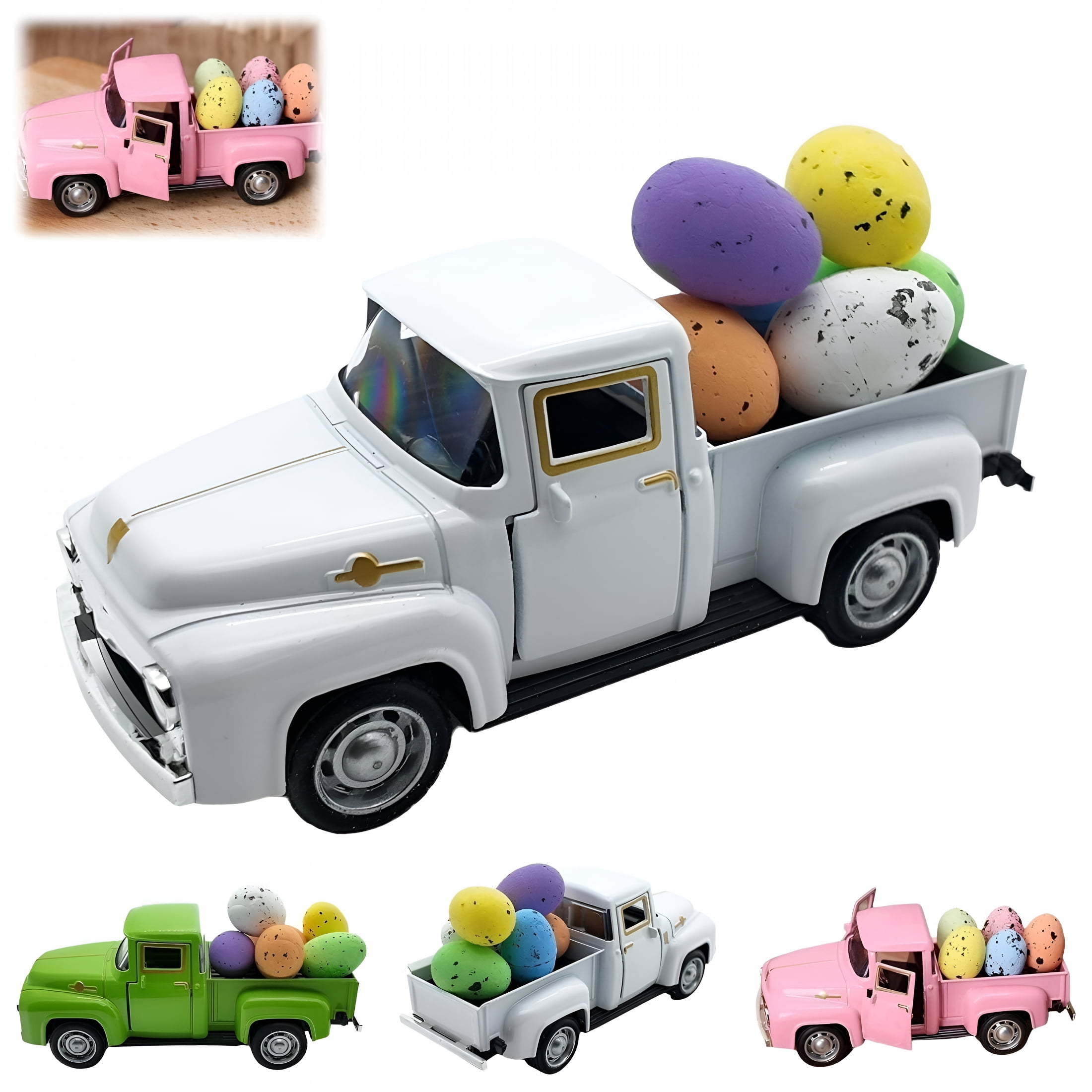 LAMIRO Easter Truck With Eggs Vintage Metal Pickup Decor Easter Decorations Valentine Truck Decor Metal Mini Truck Farmhouse Easter Truck With Eggs,White