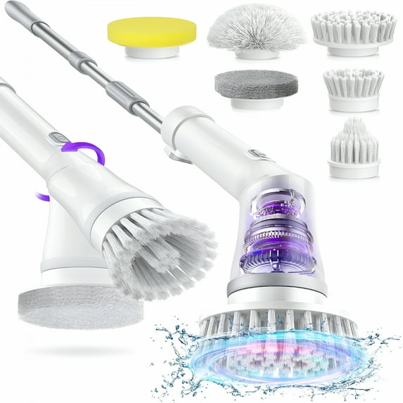 LAMIRO Electric Spin Scrubber,Cordless Shower Scrubber with 6 Replaceable Brush Heads & Extension for Cleaning Tub Tile