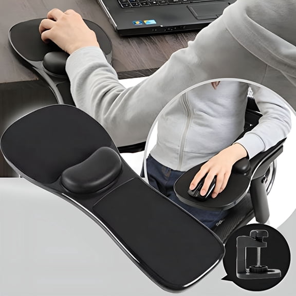 LAMIRO Ergonomic Computer Arm Rest Mouse Pad Wrist Cushion Platform, 180 Degree Rotating Tray with Clamp and Straps for Desk and Chair, Black