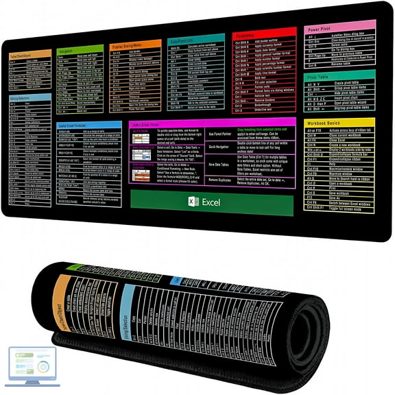 LAMIRO Excel Cheat Sheet Desk Mat,Shortcut Keys Mouse Pad (31.5"x11.8"),Water-Resistant Surface with Anti-Slip Base Pad for Office,Gaming,Design