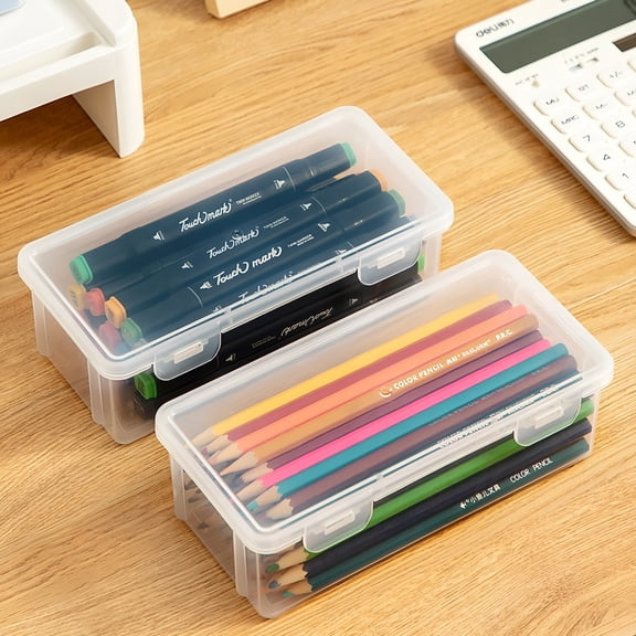 LAMIRO Extra Large Capacity Plastic Pencil Box Stackable Translucent Clear Pencil Box Office Supplies Storage Organizer Box for Gel Pens Erasers Tape Pens Pencils Mark