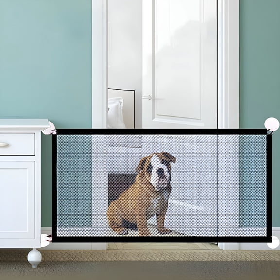 LAMIRO Extra Wide Retractable Mesh Pet Gate 70 Inch, No Drill Dog Safety Fence for Stairs and Doorways, Portable Puppy Barrier with Telescopic Poles and Adhesive Hooks, Black
