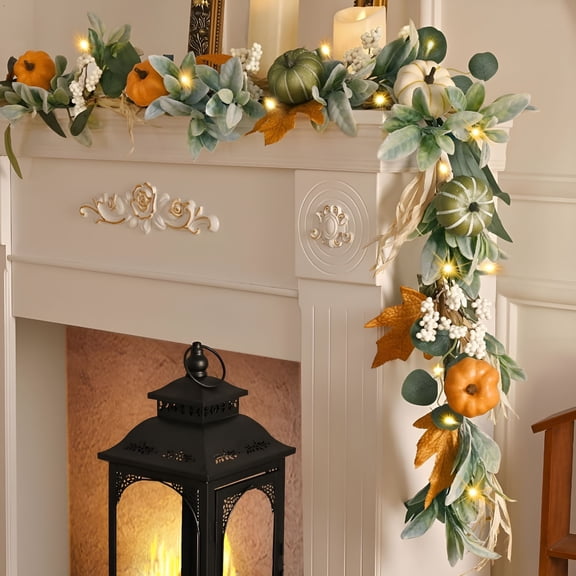 LAMIRO Fall Garland for Mantel Decors,6FT Fall Garland with Light,Lighted Autumn Garlands with Faux Pumpkins,Thanksgiving Table Centerpiece,Fall Decorations for Home Porch Fireplace