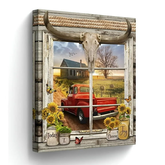 LAMIRO Farmhouse Old Red Trucks Wall Art Old Barn Pictures Wall Decor Mason Jars Sunflower Painting for Bedroom Bathroom Living Room Prints Artwork Framed 12