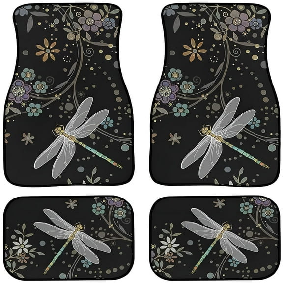 LAMIRO Floral Dragonfly Print Car Floor Mat Vintage Black Carpet Anti-Slip Rubber Mat