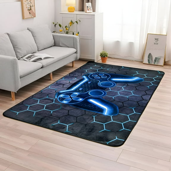 LAMIRO Game Console Area Rug for Bedroom Sofa Playroom Gaming Geometric Bedside Rugs Gamer Decorative Floor Mat Carpet Bedside Rug(3X5 Feet,Blue)