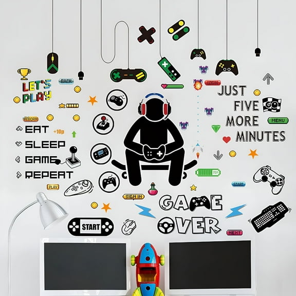 LAMIRO Gamer Wall Sticker Game Room Decor for Boys,Gamer Wall Decals Children Video Game Room,Controller Wall Stickers Removable DIY Cartoon Party Wallpaper for Bedroom Playroom Decor