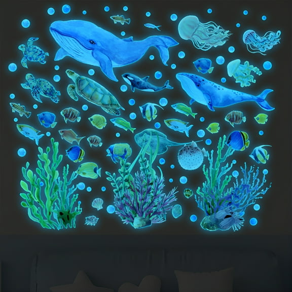 LAMIRO Glow in The Dark Ocean Fish Wall Decals,Under The Sea Wall Stickers Decals Decor Luminous Sea Life Animals Stick Wall Decal for Kids Boys Bedroom Watercolor Ocean Creatures Decor Ocean