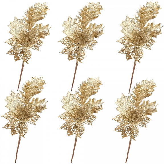 LAMIRO Gold Glitter Adjustable Artificial Cedar Floral Picks (6 Count)