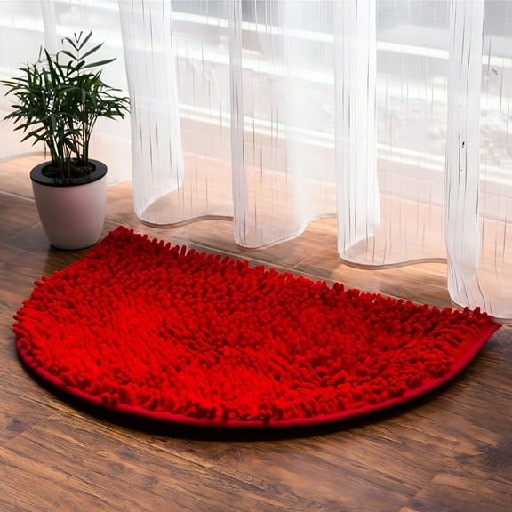 LAMIRO Half Round Bathroom Rug Chenille Non-Slip Bathroom Mat (Red)