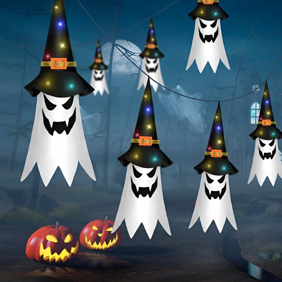 LAMIRO Halloween Decorations Outdoor,5 Pack Glowing Ghost, Halloween Flying Ghost Hats Hanging Witch Hat for Tree Decor with Lights
