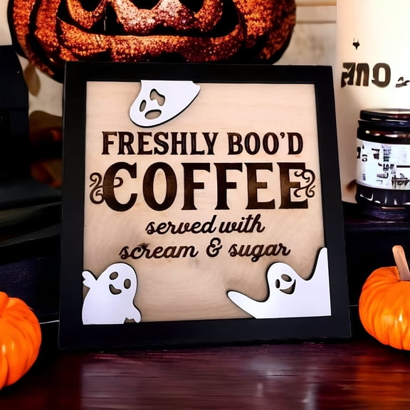 LAMIRO Halloween Ghost Decor Freshly Boo'd Coffee Decorations Coffee Bar Kitchen Wooden Sign for Desk Table