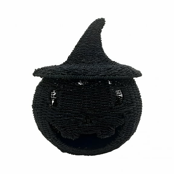 LAMIRO Hand Knit Pumpkin,Halloween Decorations Seagrass & Metal Witch Hat Black Pumpkin,Large Jack-O-Lantern Basket,Halloween Pumpkin Ornament,Witch Hat Jack-O-Lantern Decor for Outdoor,Indoor,Black