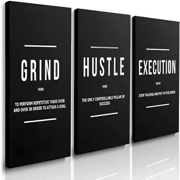LAMIRO Hustle Grind Execution Wall Art Set of 3 Framed Canvas Motivational Wall Art Home Office Wall Decor Inspirational Positive Quotes Posters Success Entrepreneur Gifts for Men 12"x16"