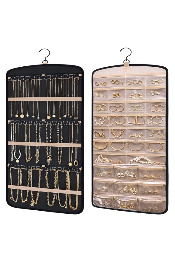 Jewelry Organizer Hanging Travel Roll - 20-Pocket Anti-Tangle Necklace Earring Holder for Closet, Wall, Door - Large Black Storage Bag