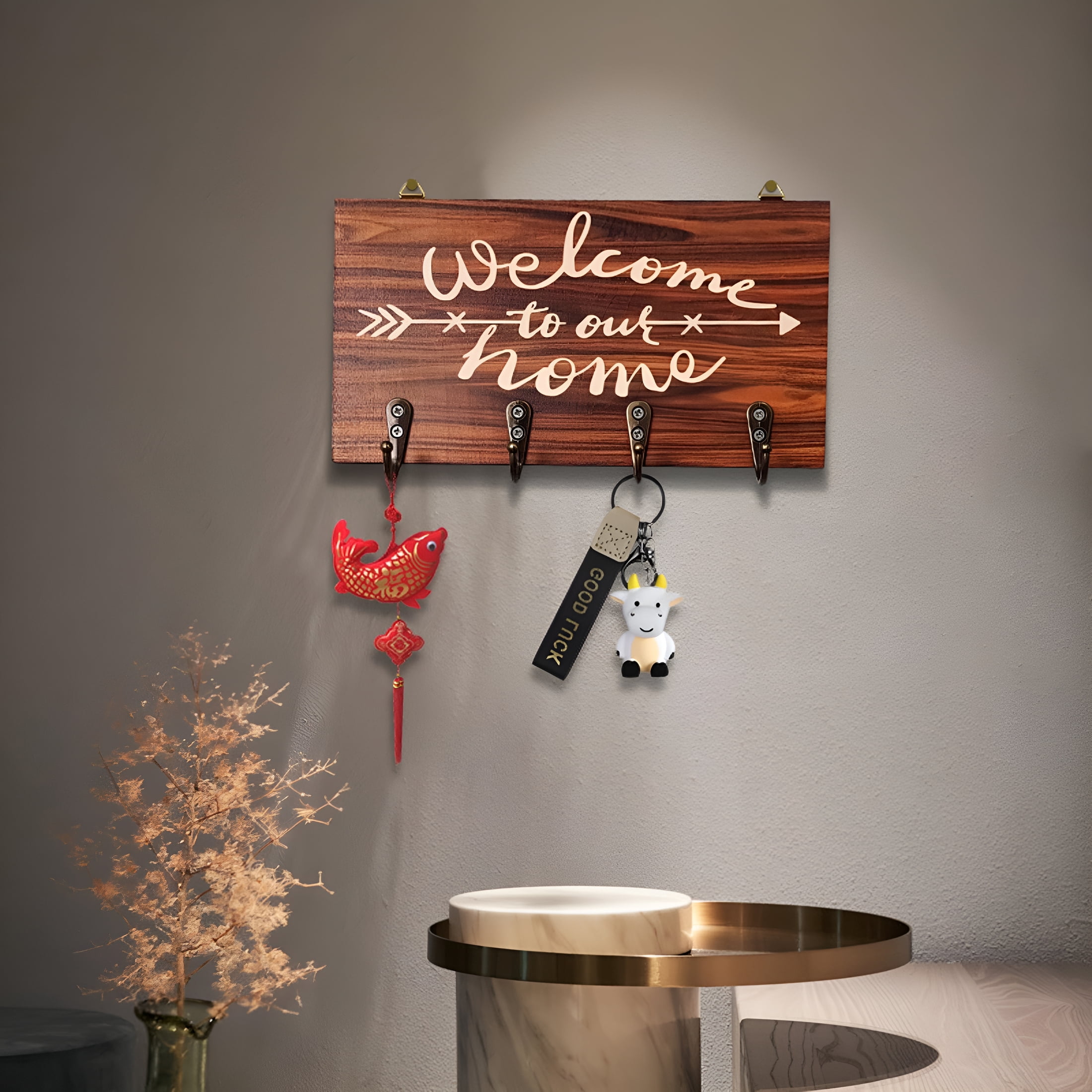 LAMIRO Key Holder Wall Mount Rustic Wooden Key Rack with 4 Hooks for ...
