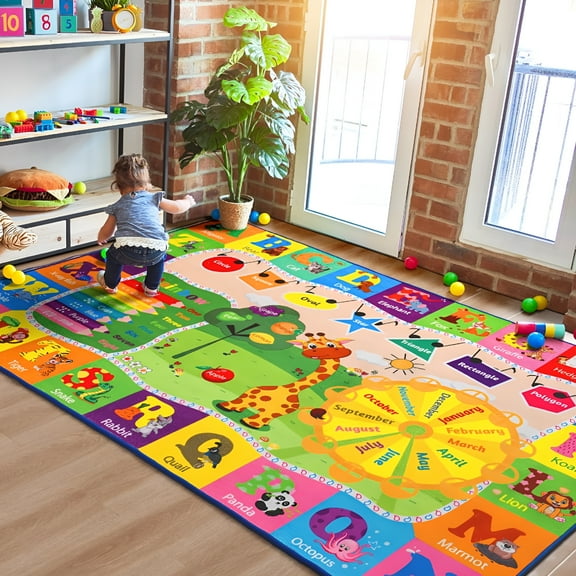 LAMIRO Kids Rugs for Playroom Educational and Fun Play Mat ABC Alphabet Animals Shapes 4x6 Area Rug Learning Rugs for Bedroom Playroom Classroom Baby Toddler Children