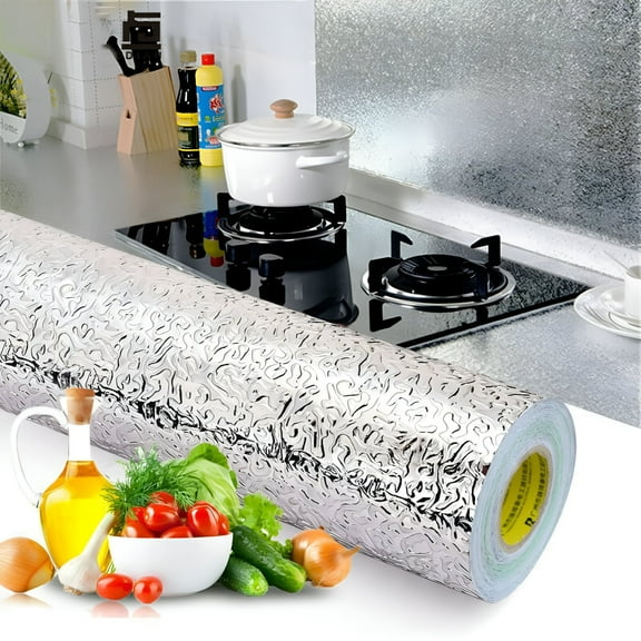 LAMIRO Kitchen Backsplash Wallpaper Peel and Stick Aluminum Foil Contact Paper Self Adhesive Oil-Proof Heat Resistant Wall Sticker for Countertop Drawer Liner Shelf Liner 1 Roll Silver