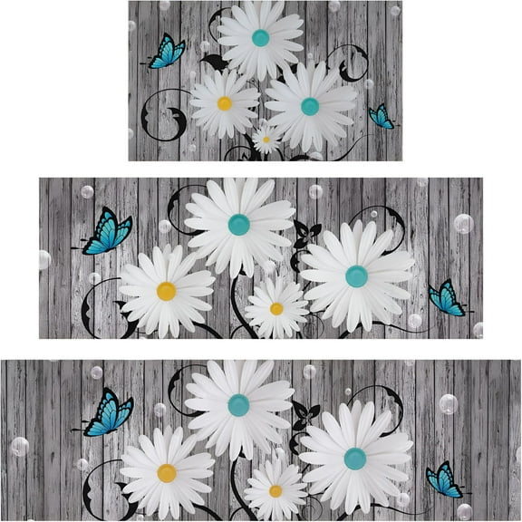 LAMIRO Kitchen Rugs 3 Pcs,Rubber Kitchen Mats for Floor,Waterproof Kitchen Rugs and Mats Non Skid Washable,Farmhouse Floral Kitchen Floor Mat for Laundry 17.3'' x 30''+17.3'' x 47''+17.3'' x 59''