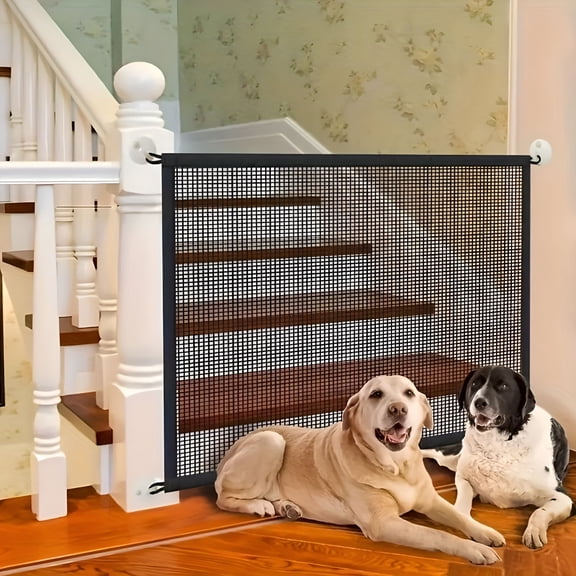 LAMIRO Mesh Gates for Kids or Pets, Magic Pet Gate for The House, Portable Baby Puppy Safety Fence Guard for Stairs and Doorways, Easy Install Anywhere, 70.9"W x 28.3"H, 4 Hooks