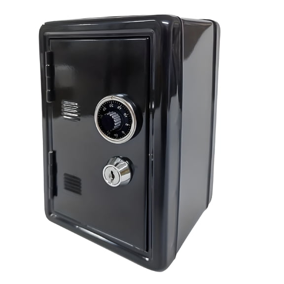 LAMIRO Mini Safe Bank with Combination Lock and Key, Small Metal Locker Piggy Bank for Kids Savings, Jewelry, Money, and Valuables, Black Storage Box for Home