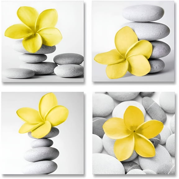 LAMIRO Modern Bathroom Yellow Gray Wall Art Picture Flowers and Pebble Stone Canvas Print Wall Decor Set 4(Yellow)