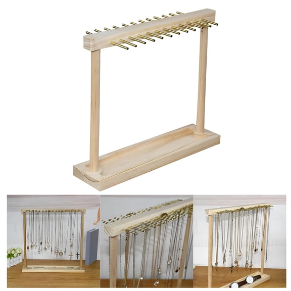 LAMIRO Modern Jewelry Organizer Display Stand, Wood Countertop Necklace Holder Display with Hooks for Pendants Necklaces Chains Storage Rack 24 Hangers