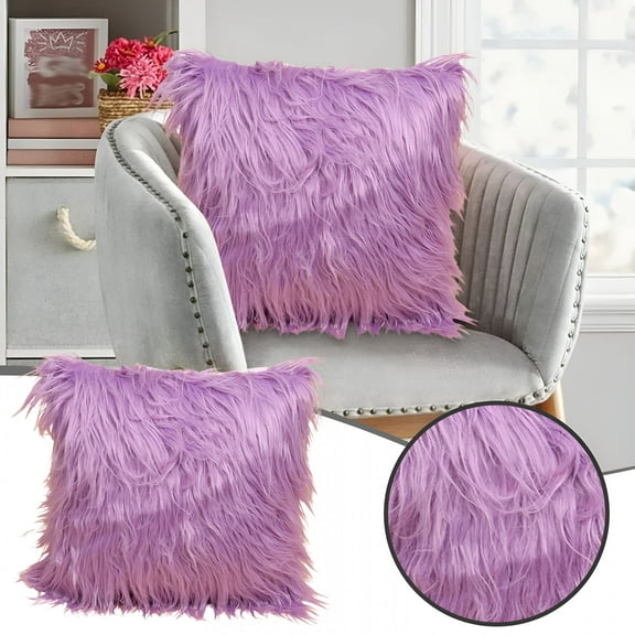 LAMIRO Mongolian Fluffy Fur Series Square Decorative Throw Pillow Cushion for Couch,22" x 22",Purple,2 Pack