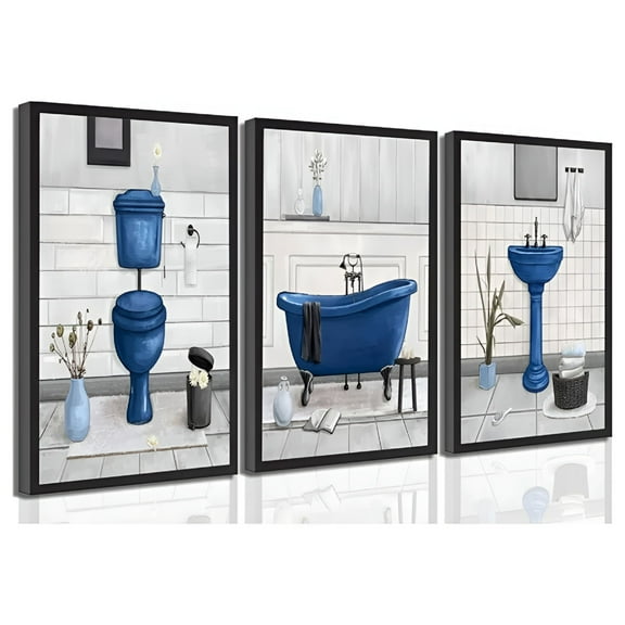 LAMIRO Navy Blue Bathroom Canvas Wall Art Paintings Fun Blue Bathtub and Toilet Paintings Pictures Wall Decor Posters Print Artwork for Washroom Restroom Home DecorationOnly Canvas