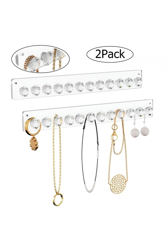 Necklace Hanger, 2 Pack Acrylic Necklace Holder Wall Mounted Jewelry Organizer with 12 Diamond Shape Hooks, Hanging Jewelry Necklace, Best Gift for Girl Women