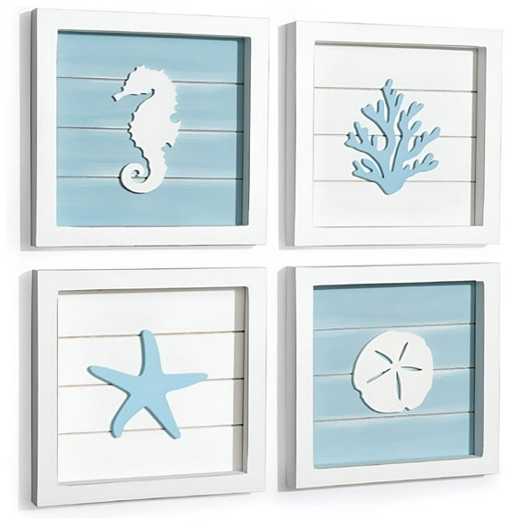 LAMIRO Ocean Theme Wall Decor Rustic Beach Decor with 3D Starfish Seahorses Wooden Frame Sign Beach Bathroom Decorations For Home